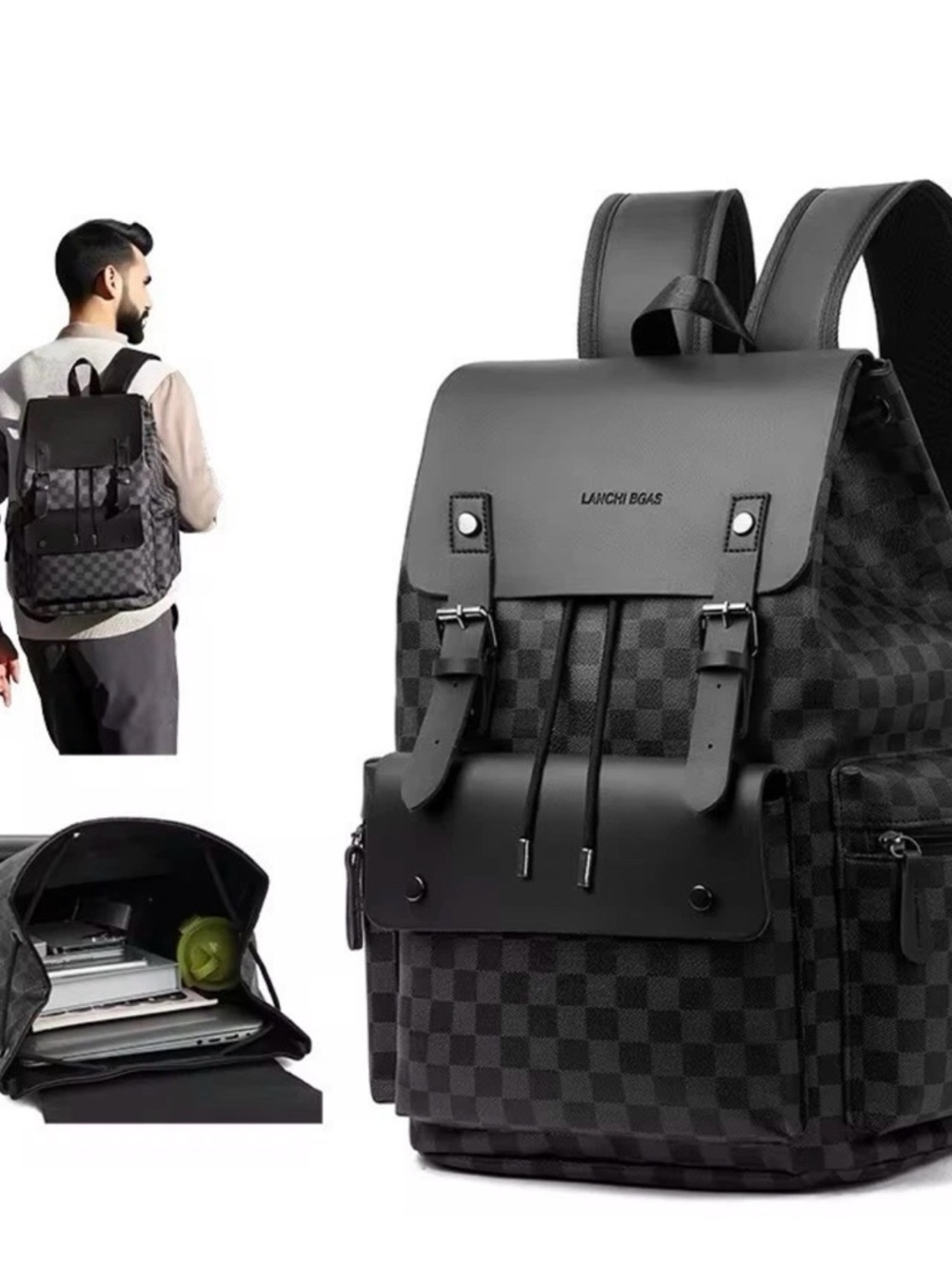 Black Check-Pattern Men's Backpack - Picture 5 of 5